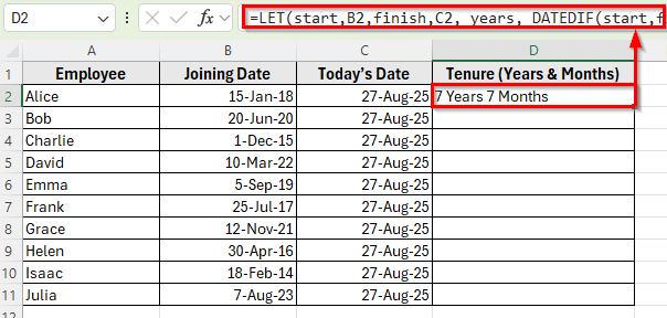 Applying the LET Function to Simplify Tenure Calculation