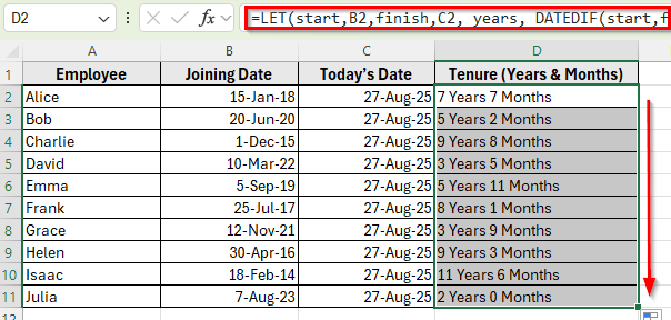 Applying the LET Function to Simplify Tenure Calculation