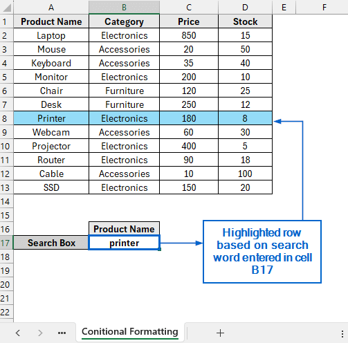 Highlight Search Results with Conditional Formatting