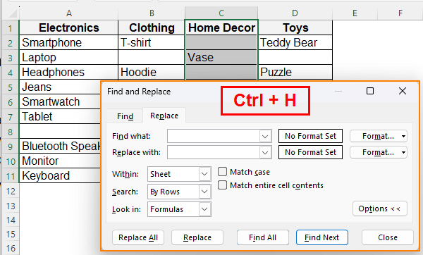 Fill or Replace Blank Cells Using Find & Replace Tool