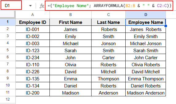 Adding Columns Using the ARRAYFORMULA Function