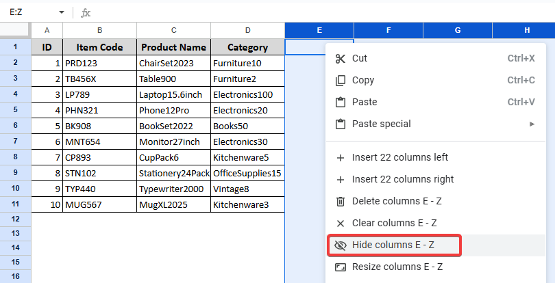 Using the Context Menu Options to Hide Unused Cells