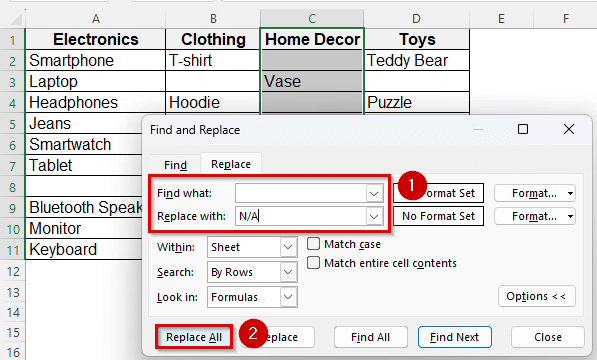 Fill or Replace Blank Cells Using Find & Replace Tool