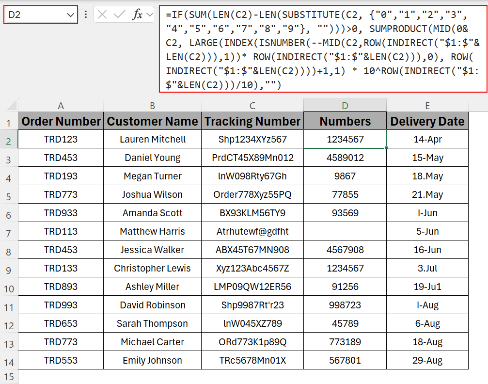 Applying a Nested Formula to Extract Scattered Numbers in One Text