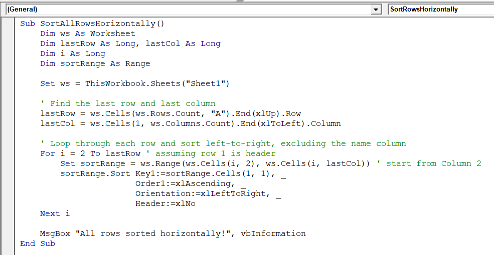 Sort Rows Horizontally (Change Orientation)