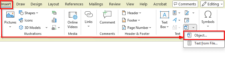 Using the Object Command to Insert an Excel File into Word