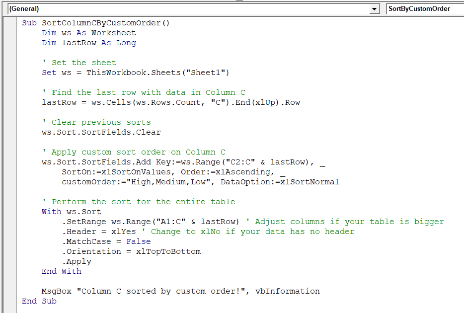 Sort Data by a Custom Order with VBA