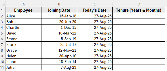 Using DATEIF Function to Calculate Tenure in Years and Months