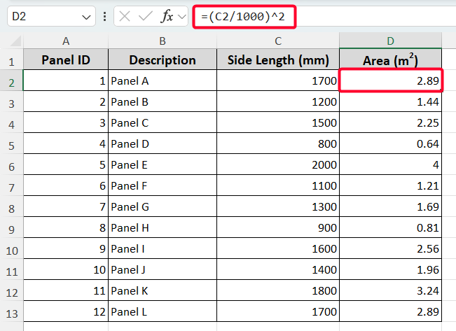 Convert mm to Square Meter for Side Lengths of Square Shapes