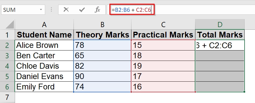 Calculating the Total Marks of Students Using an Array Formula