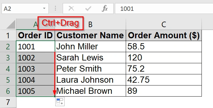 Using the Fill Handle tool to Create a Range of Numbers in Excel