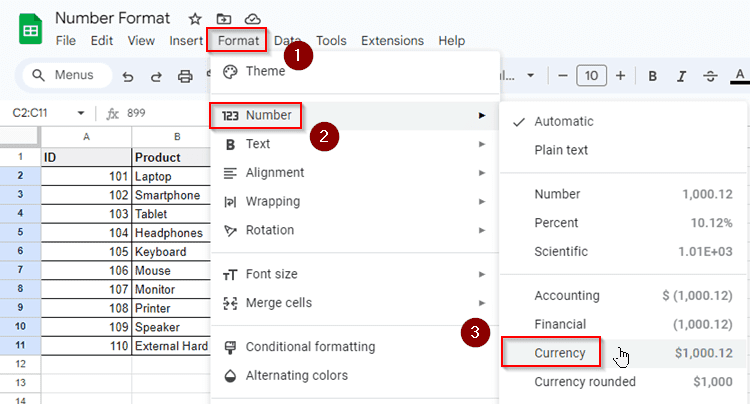 Examples of All Number Formats in Google Sheets