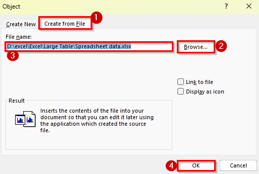 Using the Object Command to Insert an Excel File into Word