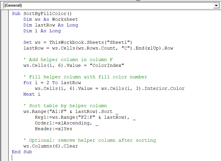 Excel VBA to Sort Cells by Fill Color