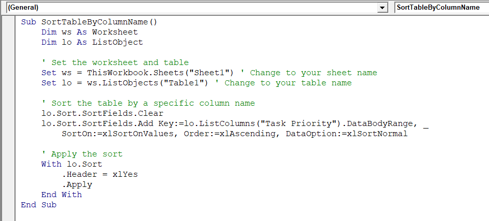 Sort an Excel Table by Column Name