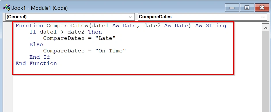 Using VBA UDF in Excel to Compare if Date is Greater Than Another Date