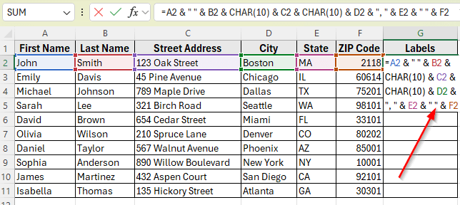Using CHAR and & Functions to Create Labels in Excel Without Word