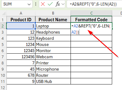 Combining REPT and LEN Functions to Add Trailing Zeros in Excel