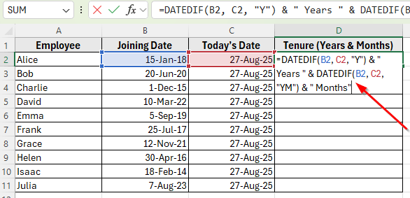 Using DATEIF Function to Calculate Tenure in Years and Months