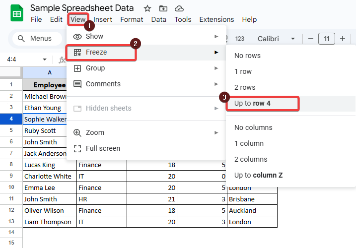 Using the Menu Bar Option to Freeze Rows in Google Sheets
