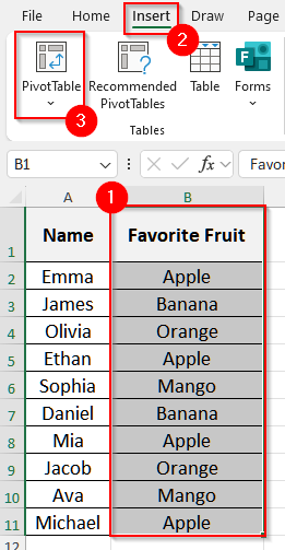 Make a Pie Chart Using the Insert Function with PivotTable in Excel for One Column of Data