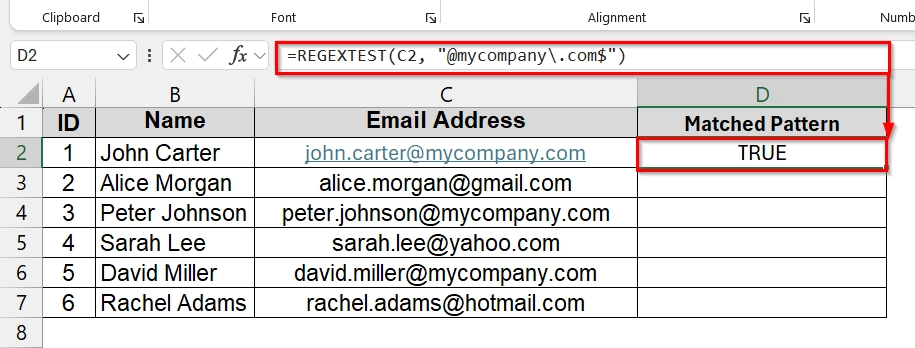 Using REGEXTEST (Built-in) Tool to Match a Pattern in Excel