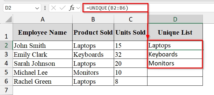 Using the UNIQUE Function with Dynamic Array to Extract Values