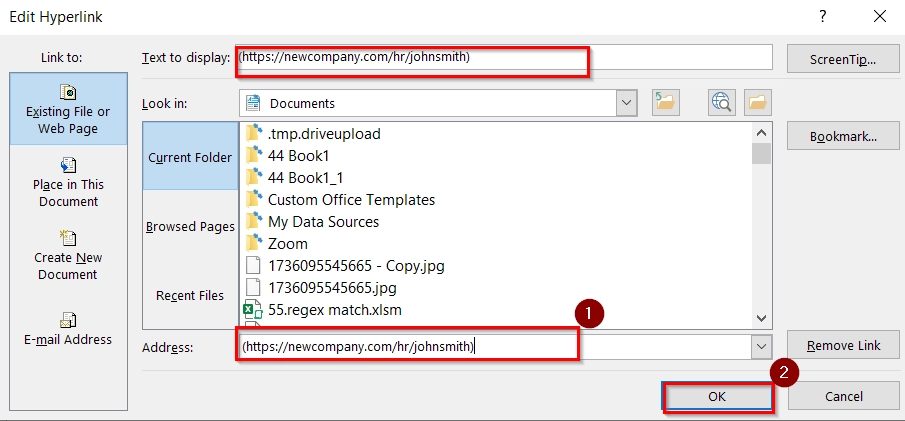 Manually Edit Using Edit Hyperlink Dialog Box