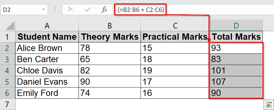 Calculating the Total Marks of Students Using an Array Formula