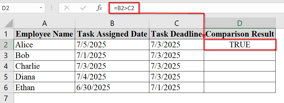 Using Formula to Compare Dates in Excel
