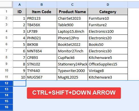 Using Keyboard Shortcut to Hide Unused Cells