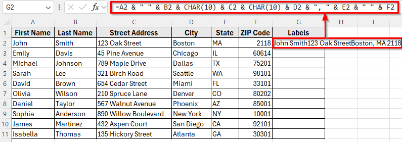 Using CHAR and & Functions to Create Labels in Excel Without Word