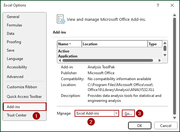 Enabling Analysis ToolPak Add-in