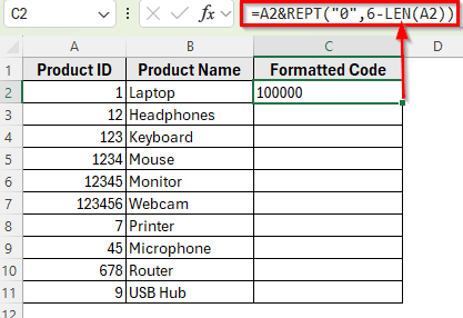 Combining REPT and LEN Functions to Add Trailing Zeros in Excel