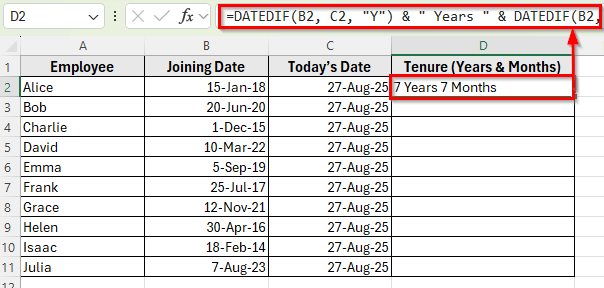 Using DATEIF Function to Calculate Tenure in Years and Months