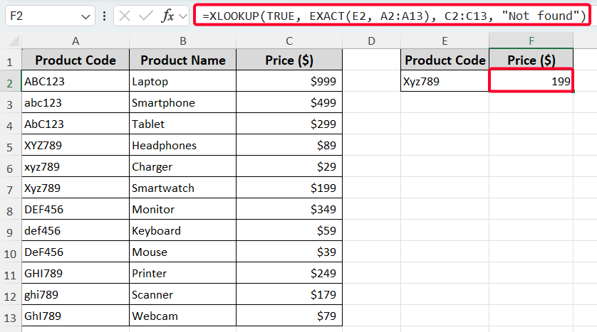 XLOOKUP Function to Vlookup Considering Case Differences