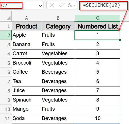 Create a Numbered List Using the SEQUENCE Function