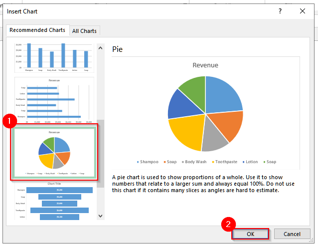 Make a Pie Chart in Excel Using the Recommended Charts Tool With Multiple Data