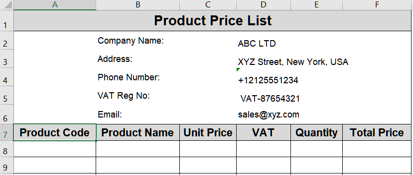 Steps to Create a Price List in Excel
