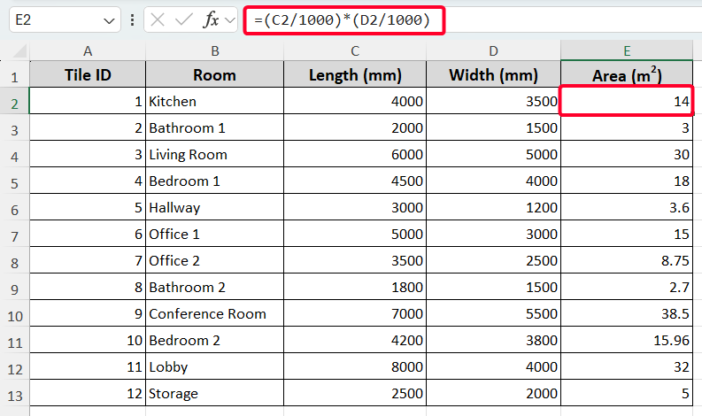 Convert mm to Square Meter for Side Lengths of Rectangular Shapes