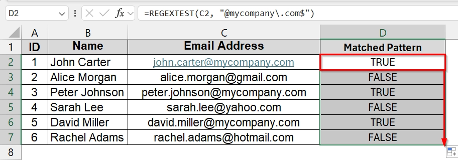 Using REGEXTEST (Built-in) Tool to Match a Pattern in Excel