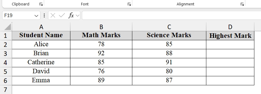 Determining the Highest Marks Obtained Using Array Formula