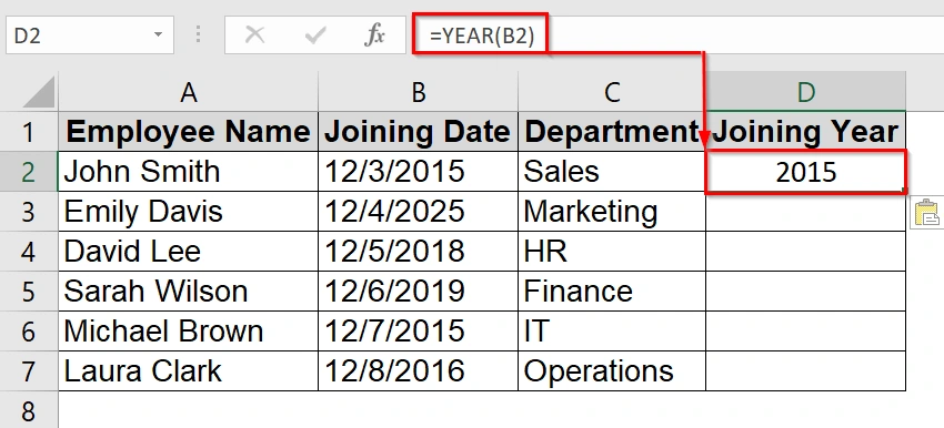 Using the YEAR Function to Extract Year from Date in Excel