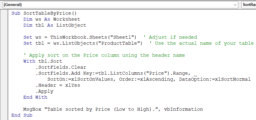 Embed VBA to Sort Table by Value in Excel