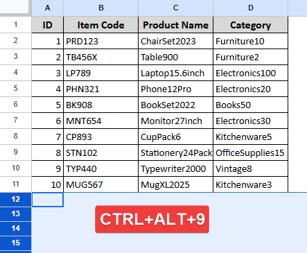 Using Keyboard Shortcut to Hide Unused Cells