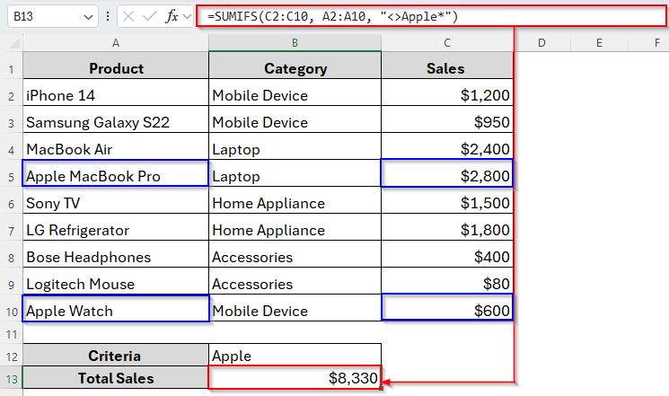 Using SUMIFS with Not Equal to Text for Partial Matches