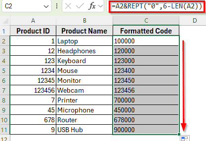 Combining REPT and LEN Functions to Add Trailing Zeros in Excel