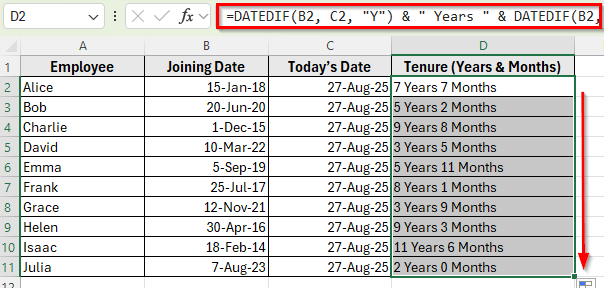 Using DATEIF Function to Calculate Tenure in Years and Months