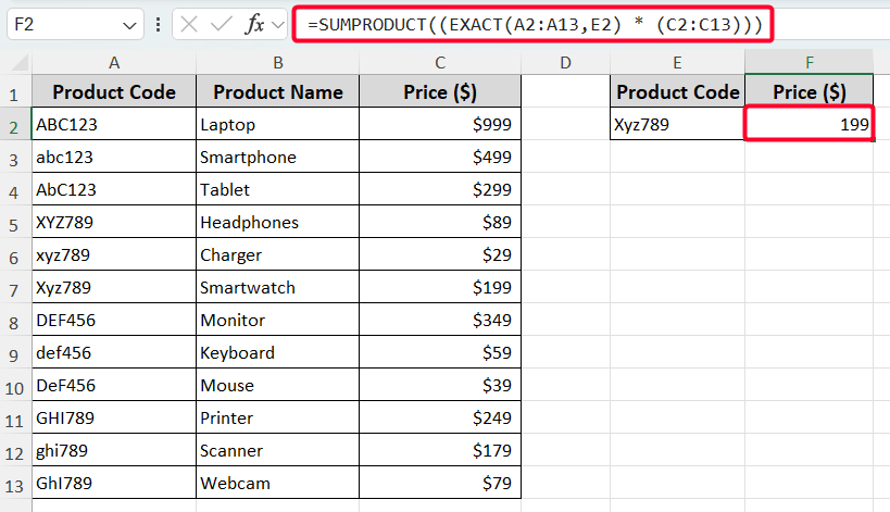 Using SUMPRODUCT Function to Case-Sensitive Lookups