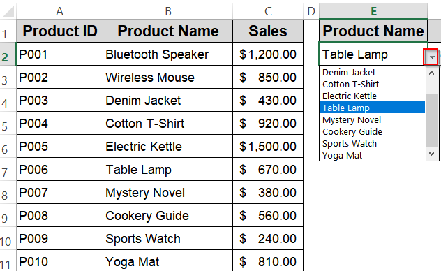 Make Use of the VLOOKUP Function for Retrieving Related Values from Drop-Down Selections